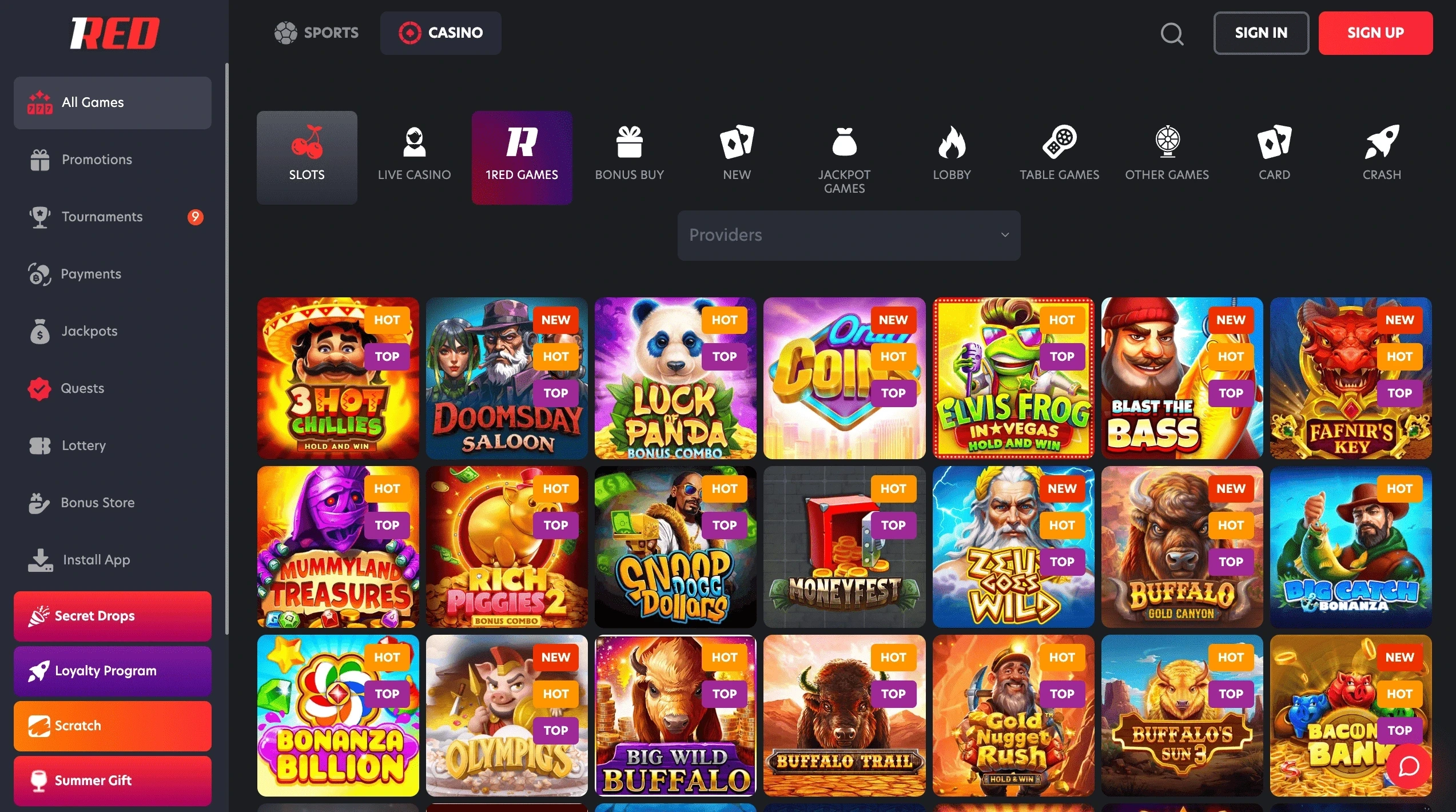 1Red Casino Games Selection